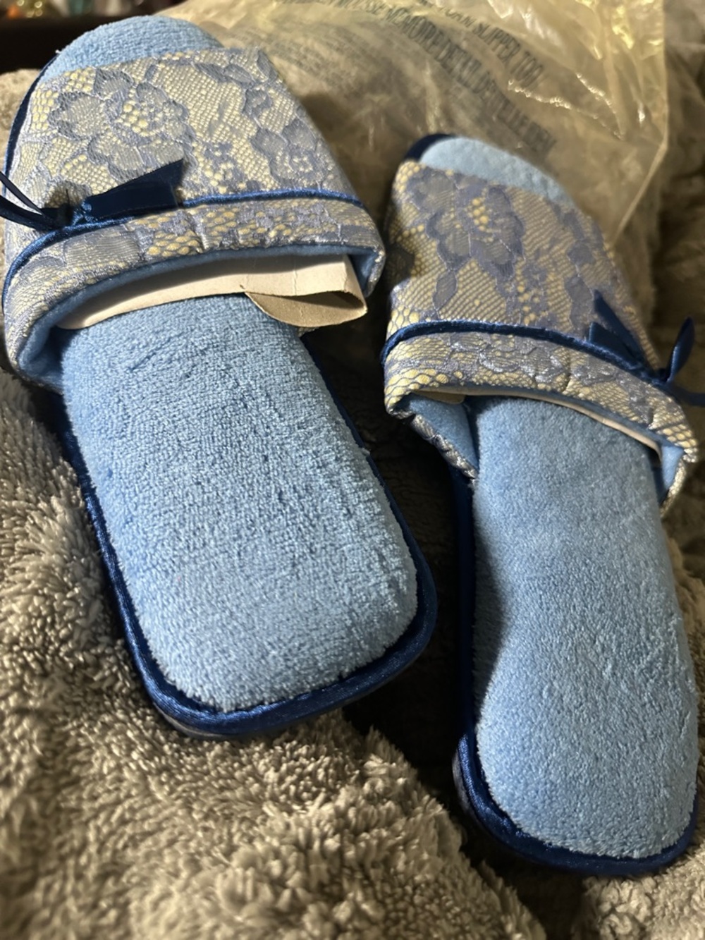 Victoria's Secret Light Blue Lace-Trim Memory Foam Jeans-Style Slippers